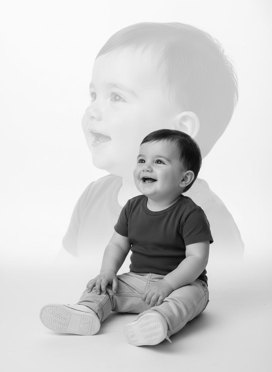 ИИ-фотосессия по фото: улыбающийся ребёнок сидит на светлом полу студии на фоне своего полупрозрачного профильного портрета в технике двойной экспозиции.