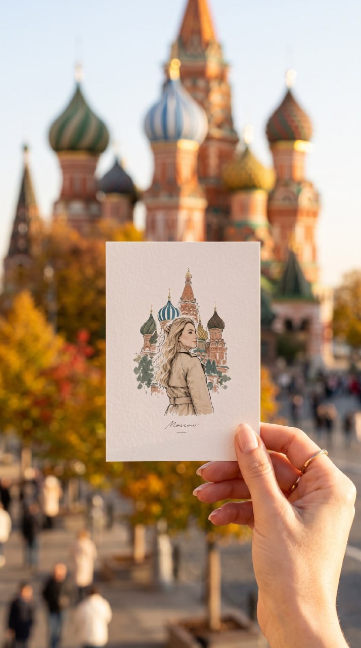 ИИ-фотосессия по фото: рука держит фактурную открытку с нарисованным портретом девушки на фоне храма Василия Блаженного.