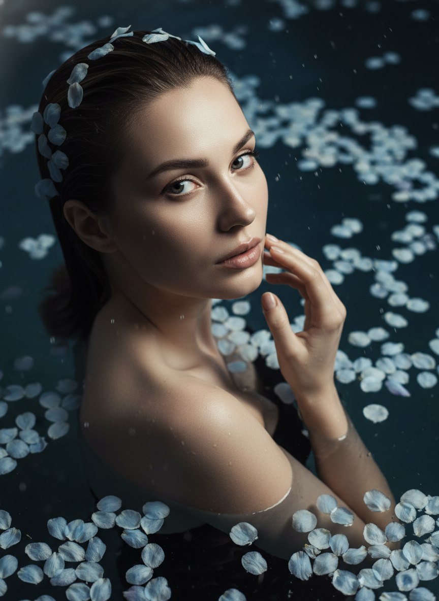 ИИ-фотосессия по фото: портрет девушки в тёмной воде с рассыпанными голубыми лепестками, мокрыми волосами и взглядом в камеру
