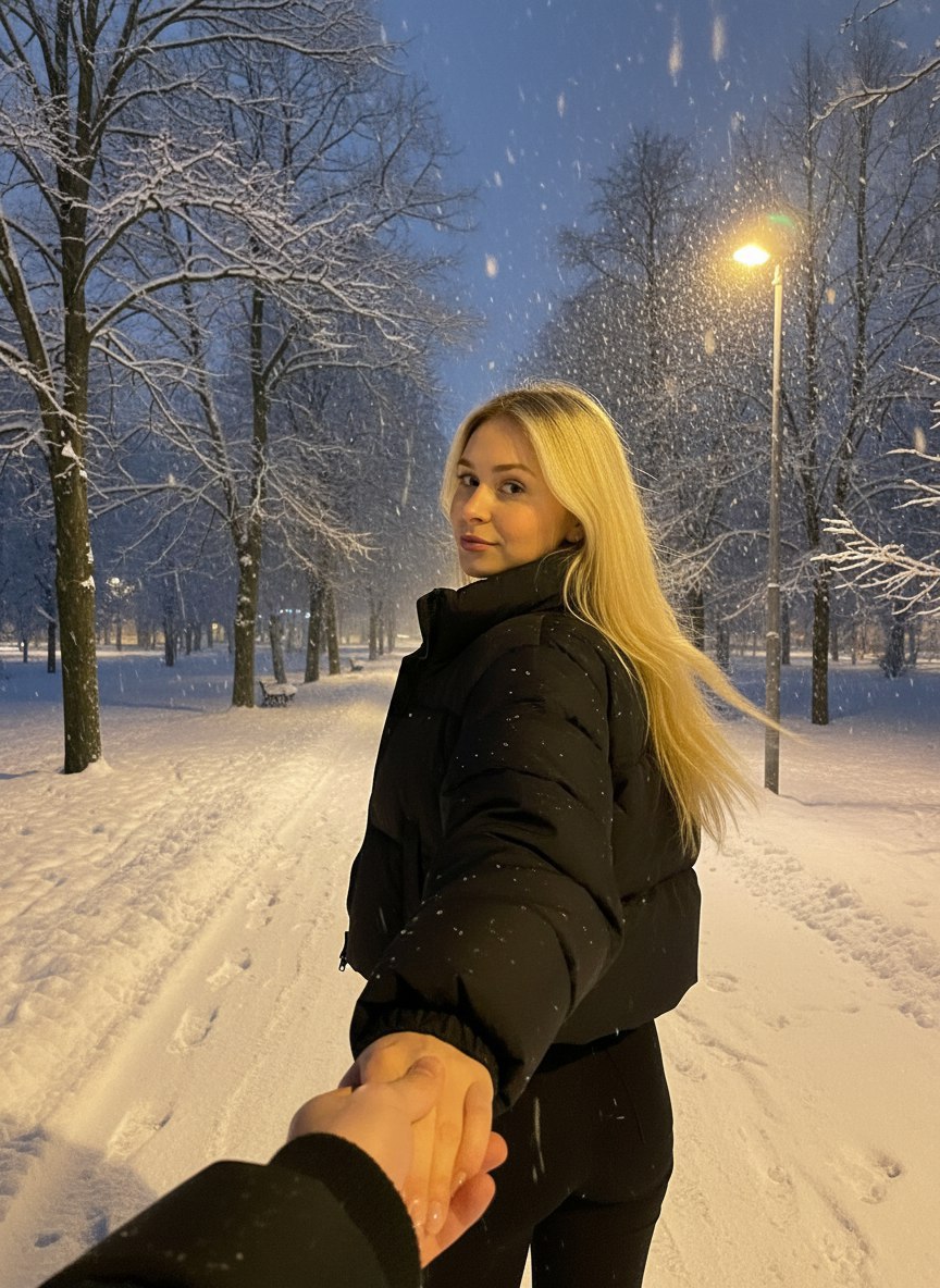 ИИ-фотосессия по фото: девушка в чёрном пуховике идёт по заснеженной аллее вечернего парка, держа за руку спутника и оборачиваясь в камеру.