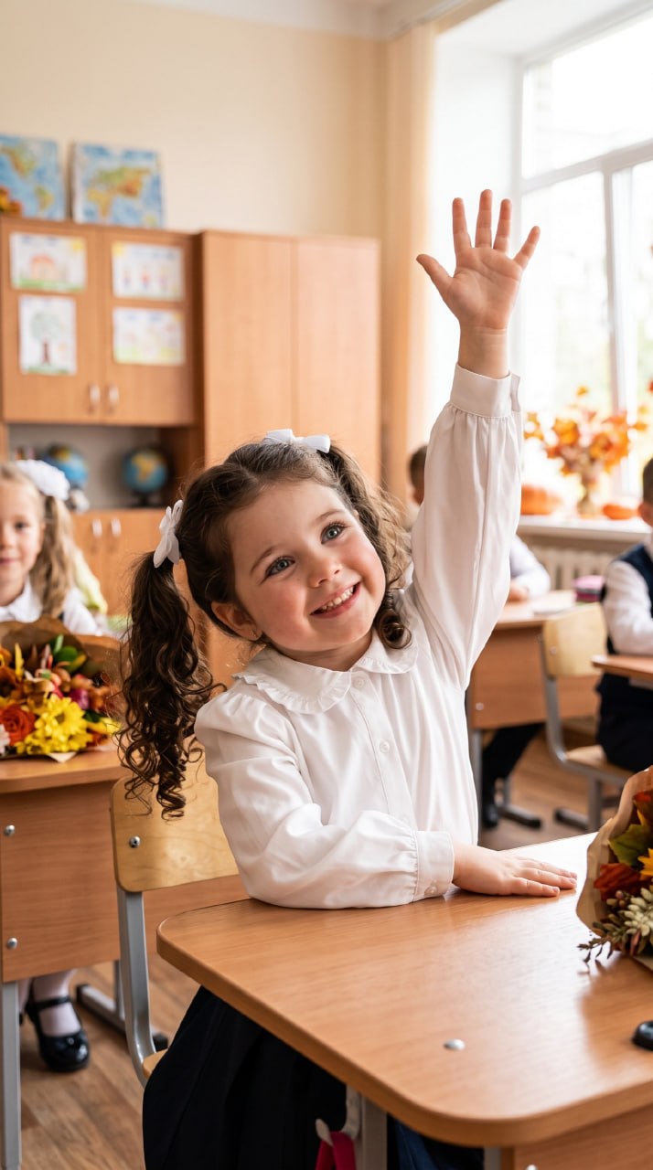 ИИ-фотосессия по фото: улыбающаяся девочка в белой блузке тянет руку за школьной партой с букетом цветов на 1 сентября
