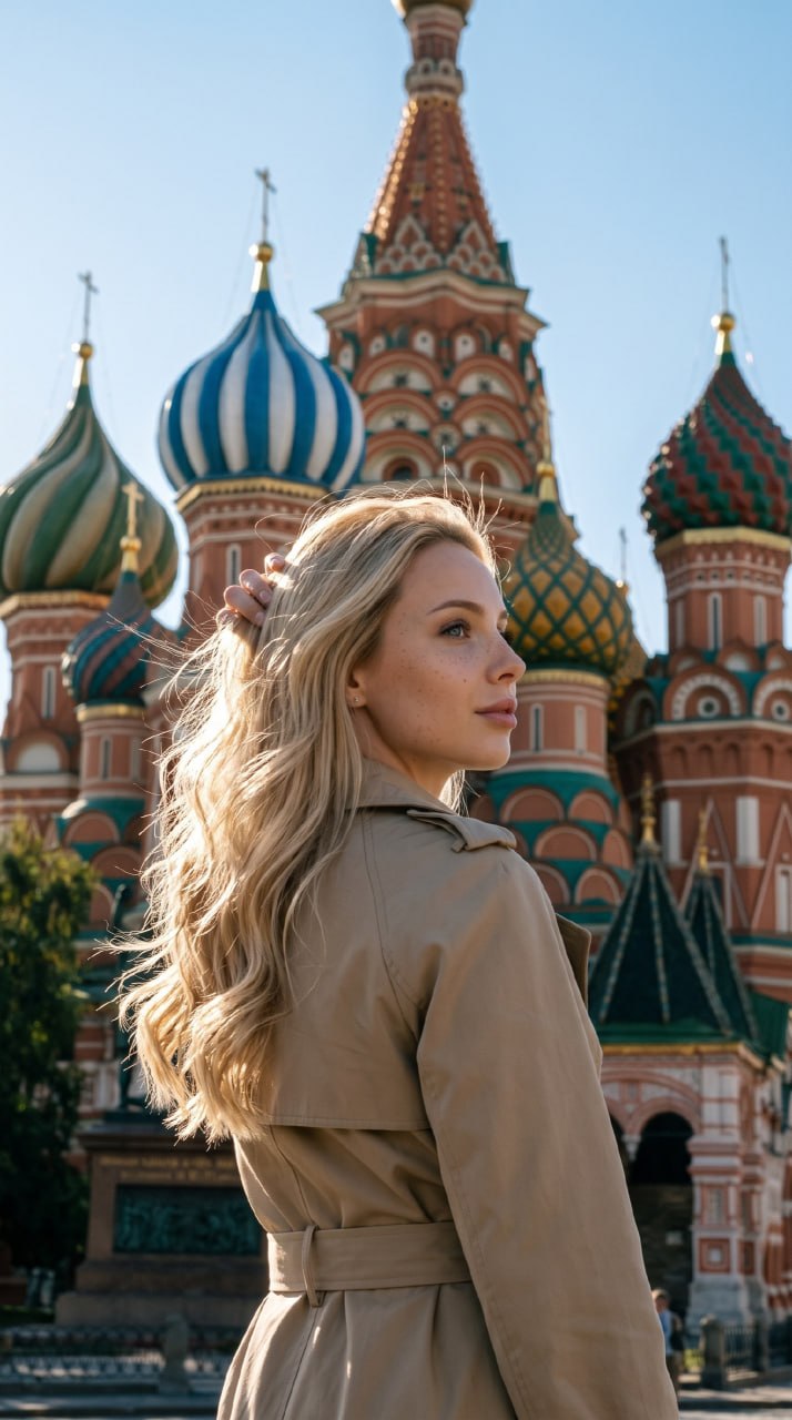 ИИ-фотосессия по фото: девушка в бежевом тренче на фоне куполов собора Василия Блаженного в Москве.