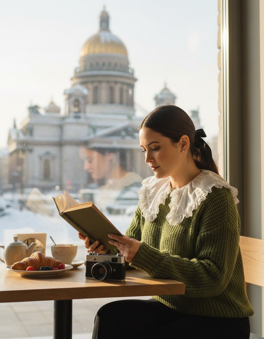 ИИ-фотосессия по фото: девушка в зеленом вязаном свитере с книгой за столиком у окна с видом на Исаакиевский собор, на столе круассан и винтажный фотоаппарат.