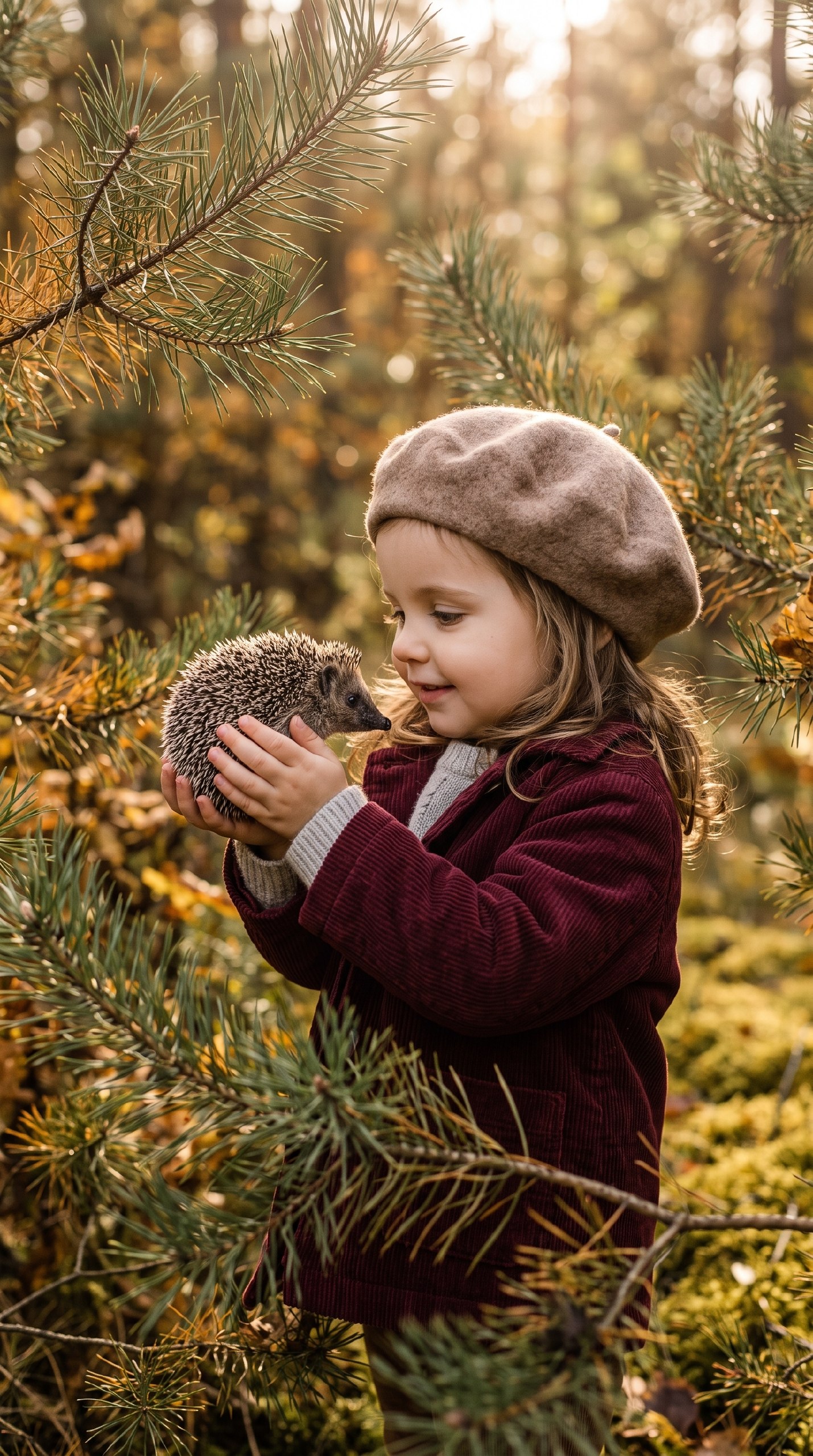 ИИ-фотосессия по фото: девочка в берете и вельветовой куртке держит на ладонях ёжика среди сосновых веток на закате