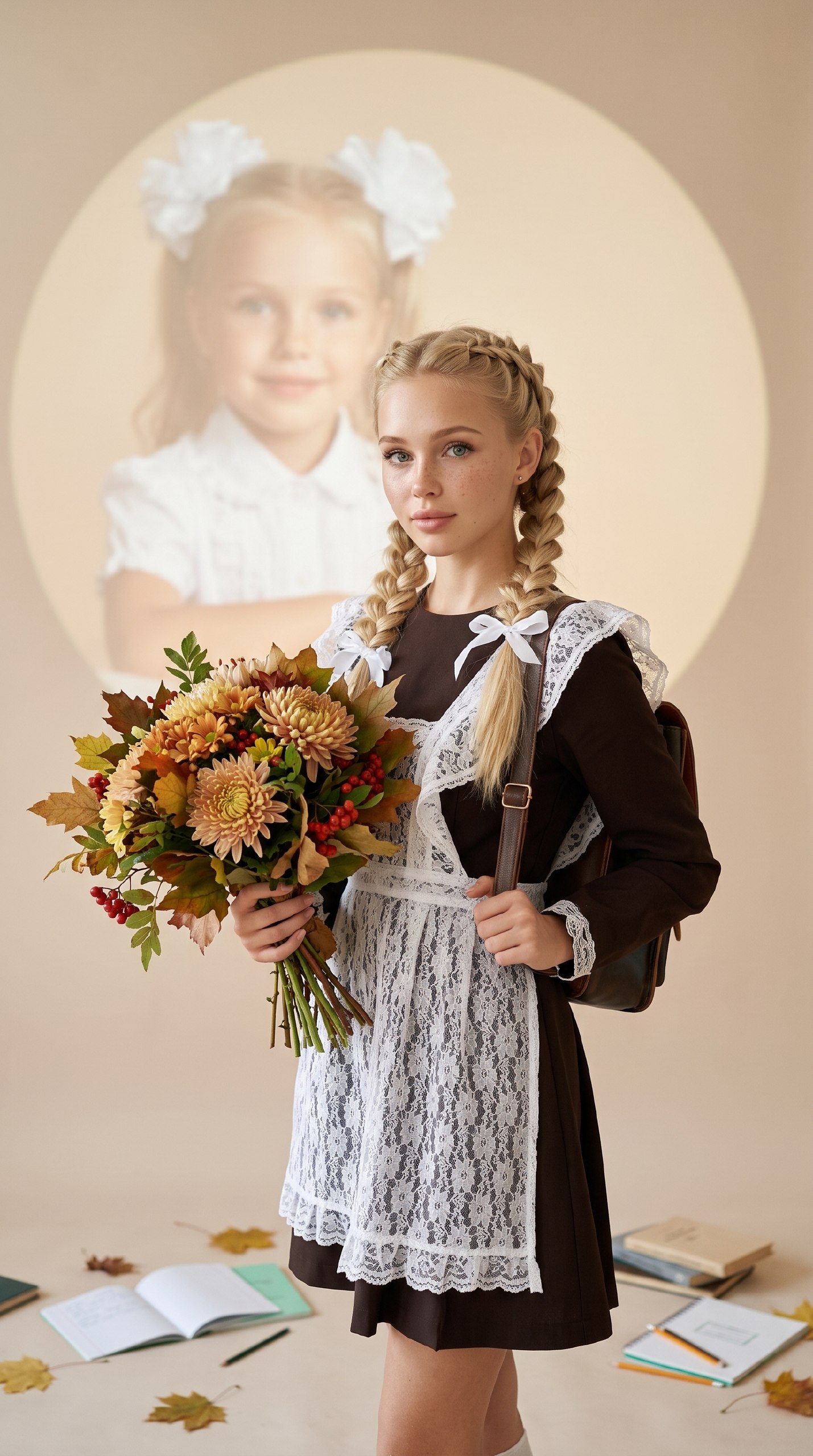ИИ-фотосессия по фото: выпускница в школьной форме с фартуком и букетом цветов на фоне проекции первоклассницы.