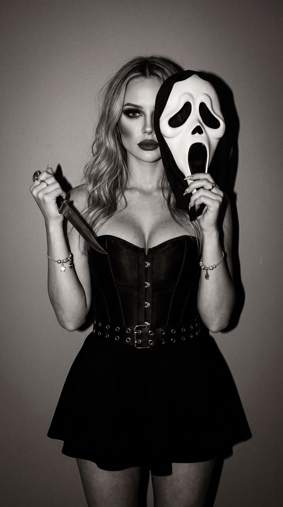 Чёрно-белый портрет девушки в корсете с маской Ghostface у половины лица и бутафорским ножом на фоне серой стены