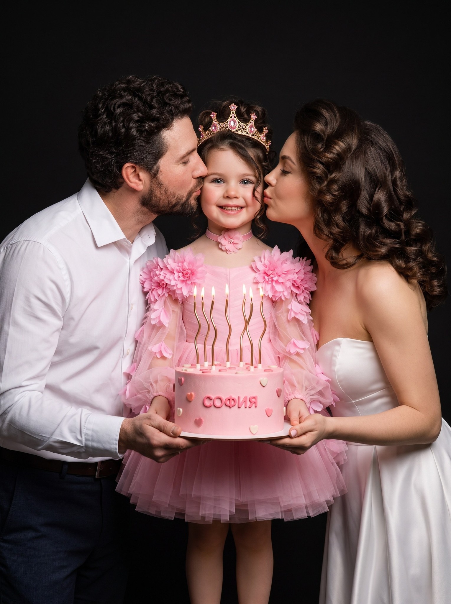 ИИ-фотосессия по фото: родители целуют улыбающуюся дочку в короне, держащую розовый праздничный торт с зажженными свечами на черном фоне студии.