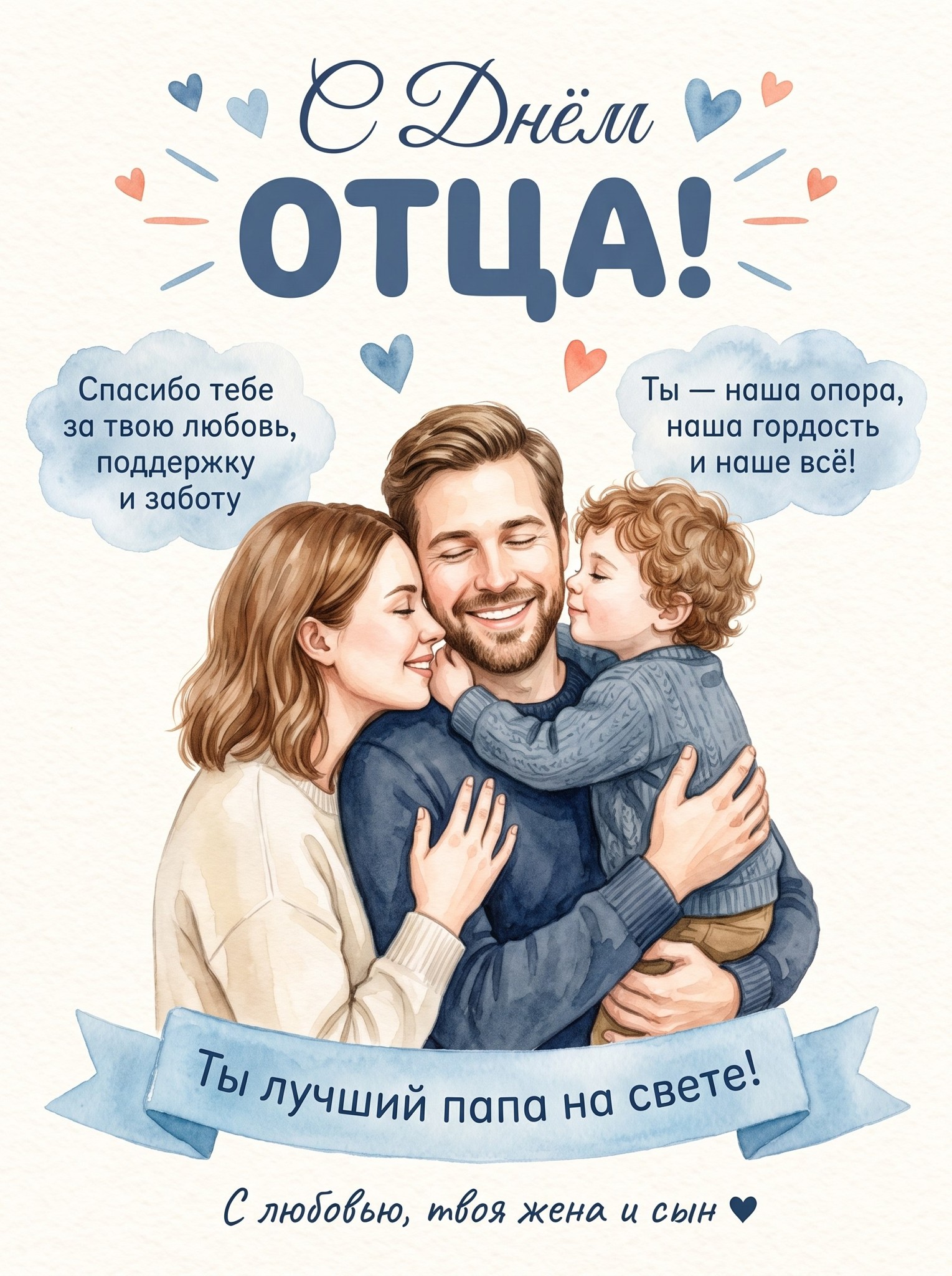 ИИ-фотосессия по фото: акварельная открытка ко Дню отца, на которой мама и сын нежно обнимают папу в синем свитере среди поздравительных надписей.