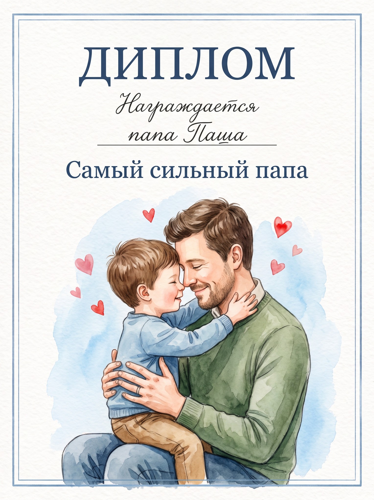 ИИ-фотосессия по фото: акварельная открытка-диплом ко Дню отца, где папа нежно обнимает сидящего на коленях сына в окружении сердечек.
