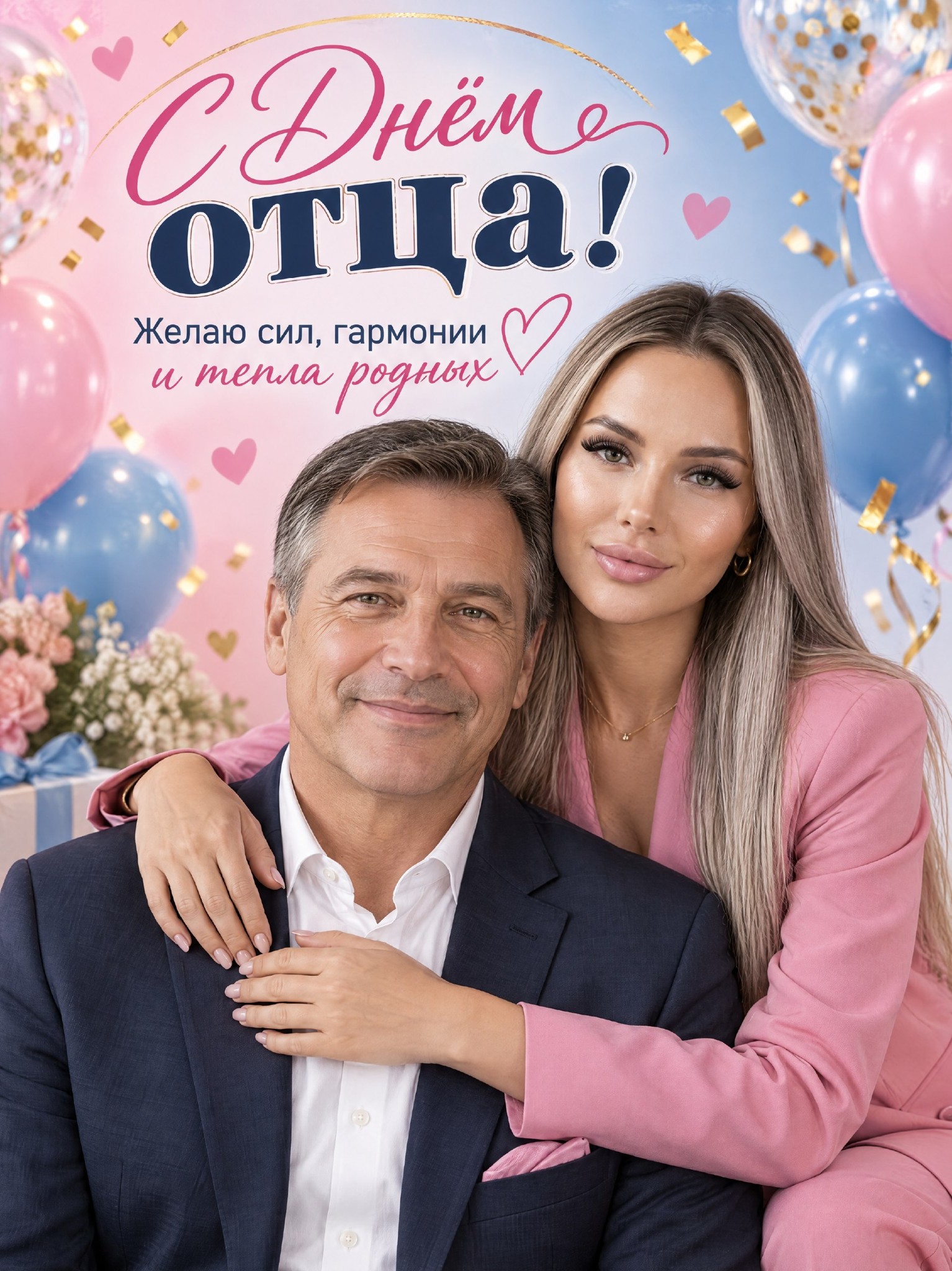 ИИ-фотосессия по фото: мужчина в тёмном пиджаке и улыбающаяся девушка в розовом костюме на праздничном фоне с шарами и надписью «С Днём отца».
