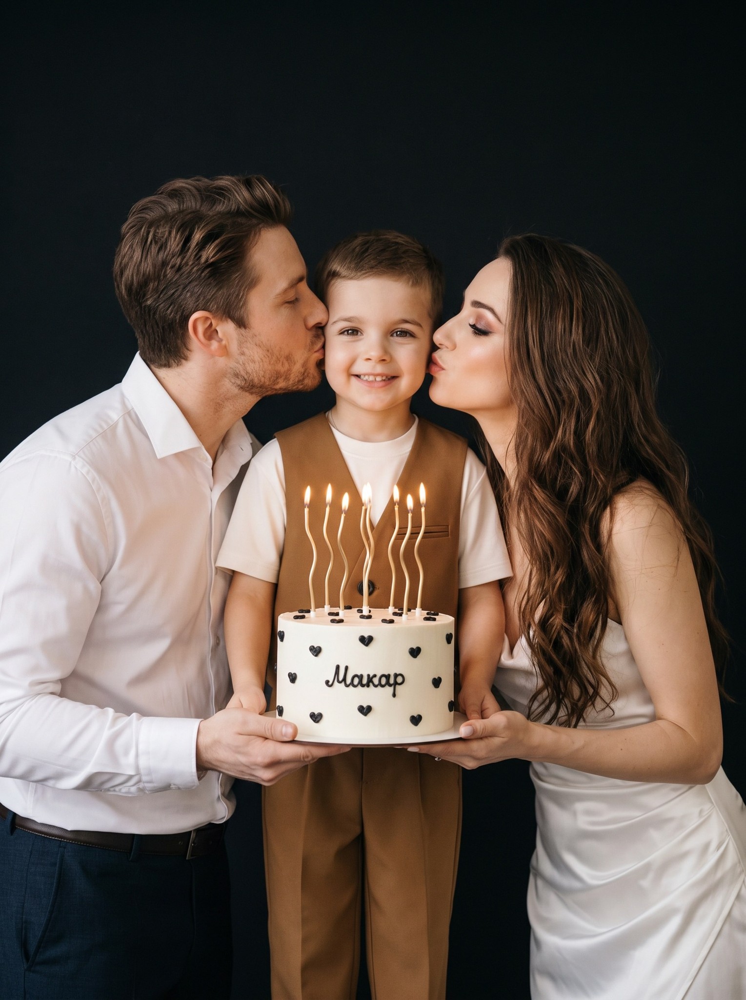 ИИ-фотосессия по фото: родители целуют улыбающегося сына в щеки, держа перед ним праздничный торт со свечами на глубоком черном фоне студии.